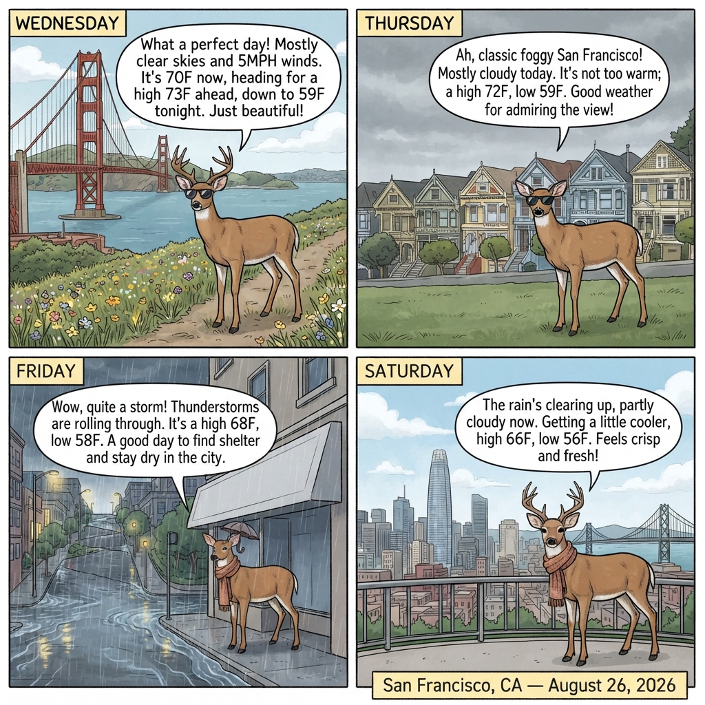 Today's AI-generated four-panel forecast cartoon for San Francisco, starring a local animal.