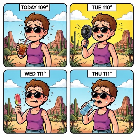 Example four-panel forecast comic: a character in the desert heat cooling off with iced tea, a handheld fan, a popsicle, and cold water.