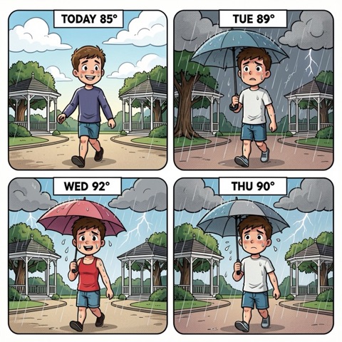 Example four-panel forecast comic: a character walking through a park as the weather turns from sunny to rainy.